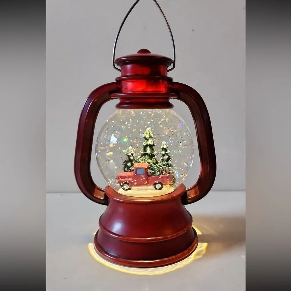 Vintage Red Truck Lantern Snow Globe with Truck and Trees